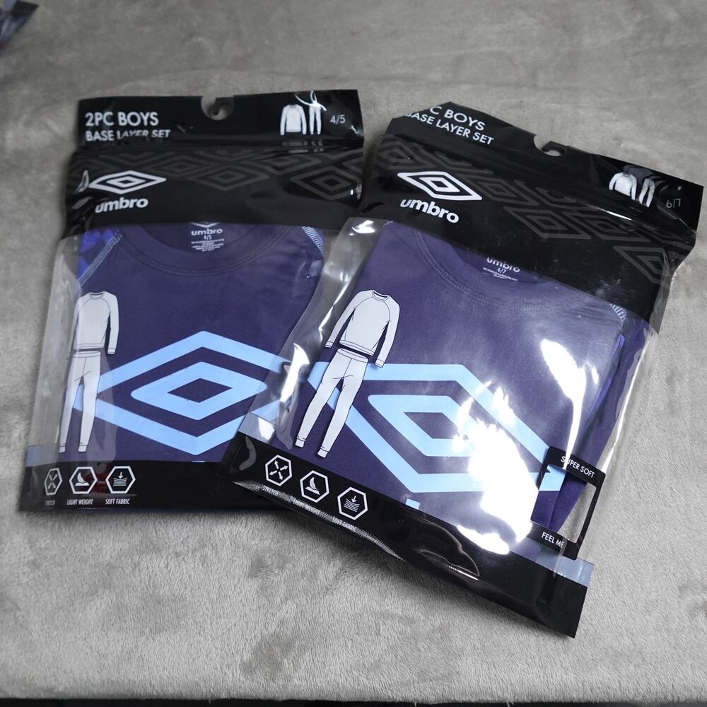 Lot of 2 Umbro Boys Size 4/5 New 2 Piece Base Layer Set Dark Blue w/ Blue Logo